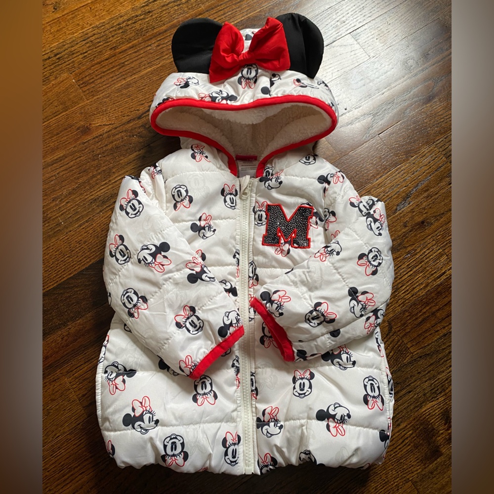 3T Disney MINNIE toddler hooded puffer jacket Minnie Mouse ears bow Sequins - Picture 1 of 16